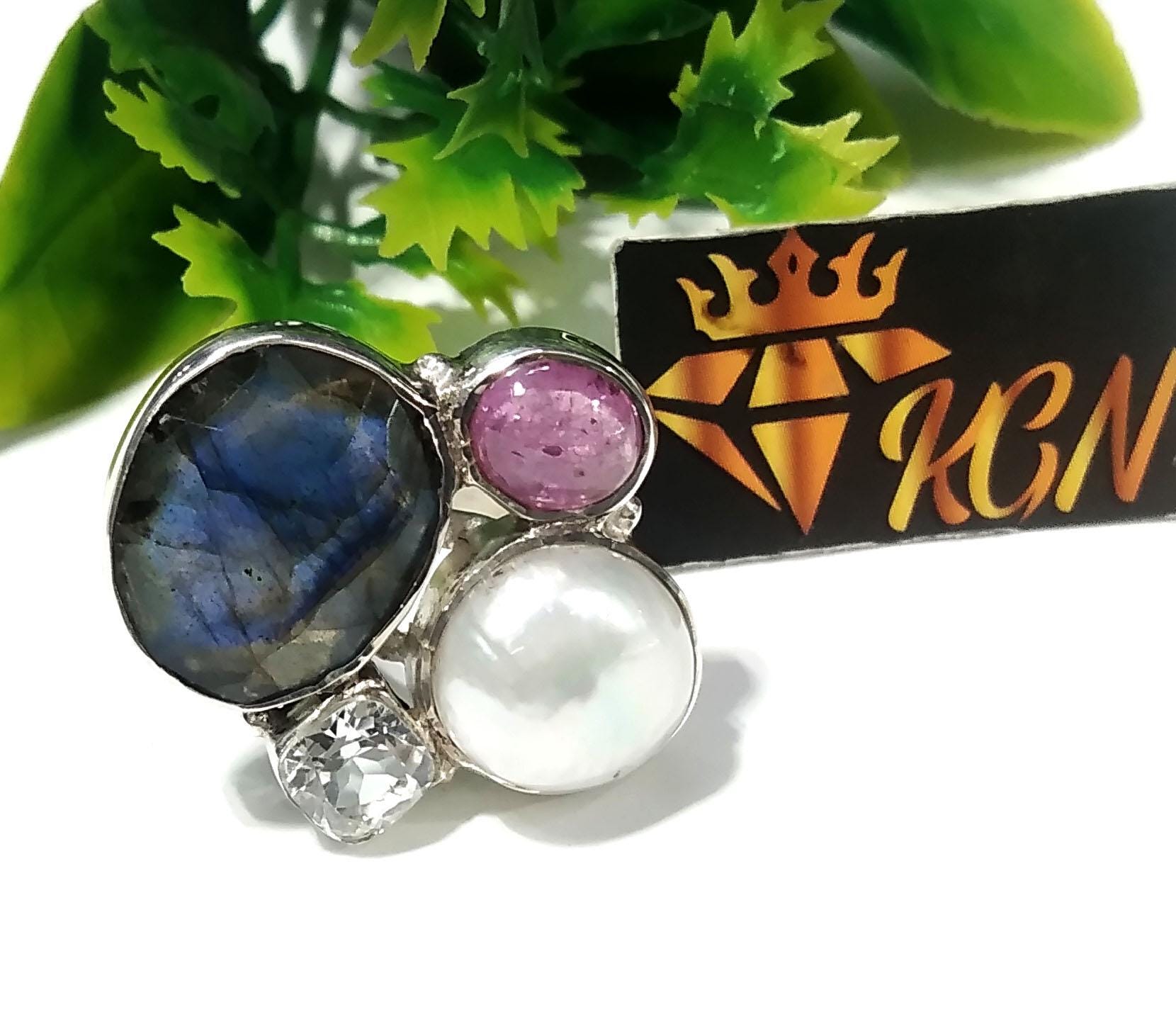 All Natural Gemstone Rings, Freshwater Pearl, Labradorite, Ruby & White Topaz Ring, 925 Starling Silver Ring, Handmade Silver Ring Jewelry